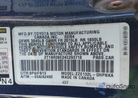 2004 Toyota Matrix Xr z USA, uszkodzony, nr VIN 2T1KR38E24C293718